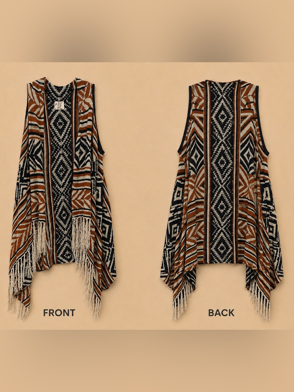 Hippie Rose Aztec Fringe Open-Front Knit Vest — Brown/Navy/Cream